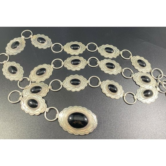 Native American Navajo JF Sterling Silver Black Onyx Belt Vtg Heavy Signed - Picture 3 of 12